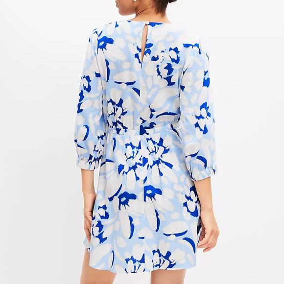 LOFT Blue & White Floral Print Linen Blend Elastic Waist Summer Blouson Dress - Picture 2 of 13